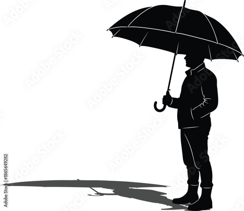 Silhouette of man holding umbrella, rainy weather concept, standing alone, minimal black figure, protection, mystery, shadow, isolated background