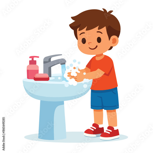Kids Handwashing Hygiene - Adorable Pediatric Health Illustration Set featuring Young Children Washing Hands with Soap and Bubbles for School Safety Guidelines and Hygiene Education Vector