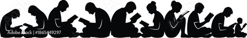 Silhouette of people reading books and digital devices, education, learning culture, knowledge, technology, study, literacy, modern society, concept, visual, illustration