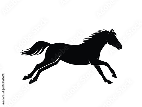 Black silhouette of a horse running on a in a side view