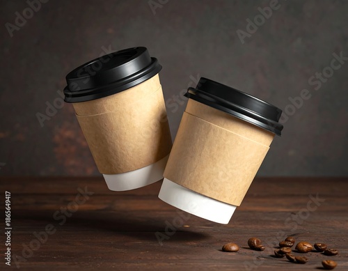 Two disposable coffee cups with black lids and cardboard sleeves suspended mid-air against a rustic background and coffee beans