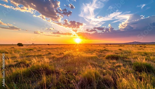 Dramatic sunset over African savanna with stunning clouds