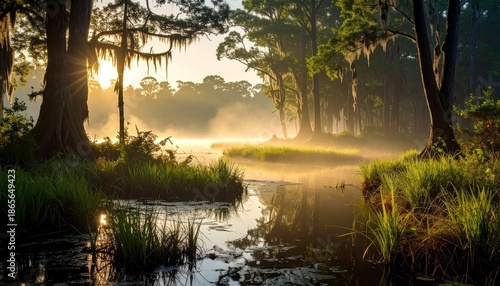 Misty swamp sunrise with majestic trees and Spanish moss.