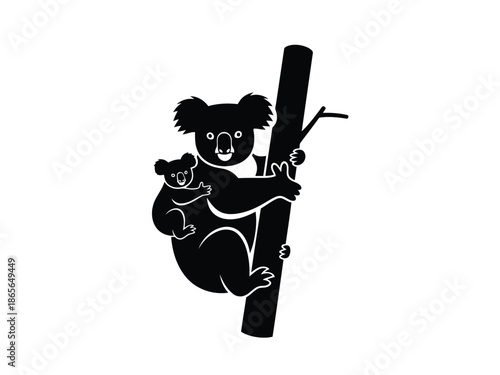 Black silhouette of a koala and its baby on a tree