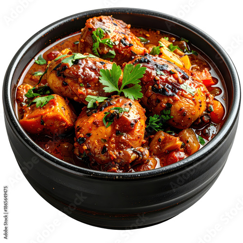 Succulent jamaican brown stew chicken, slow-cooked in a rich, dark gravy with carrots, captured in a studio and isolated on a white background