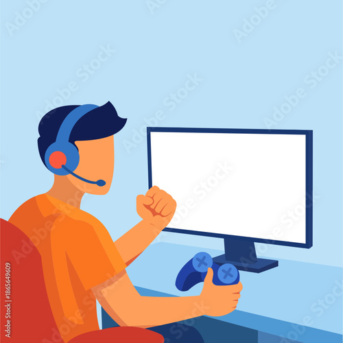 young gamer wearing headset playing video games on computer monitor