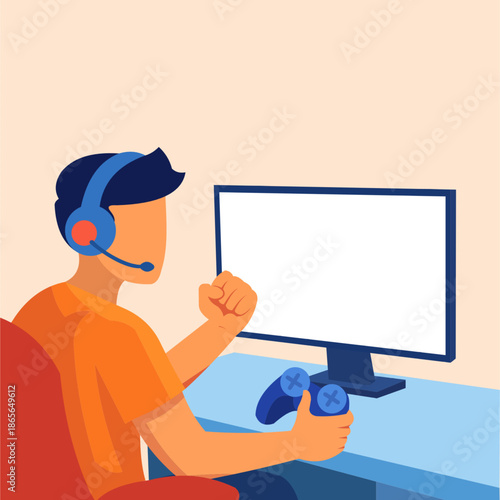 young gamer wearing headset playing video games on computer monitor