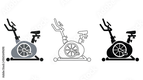 Three stylized illustrations of a stationary exercise bicycle in different design variations