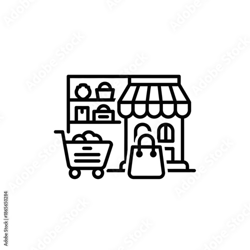 Small Local Boutique Store Front with Shopping Cart and Market Shelves