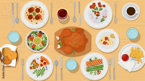 Delicious Family Dinner Spread with Various Dishes and Drinks.