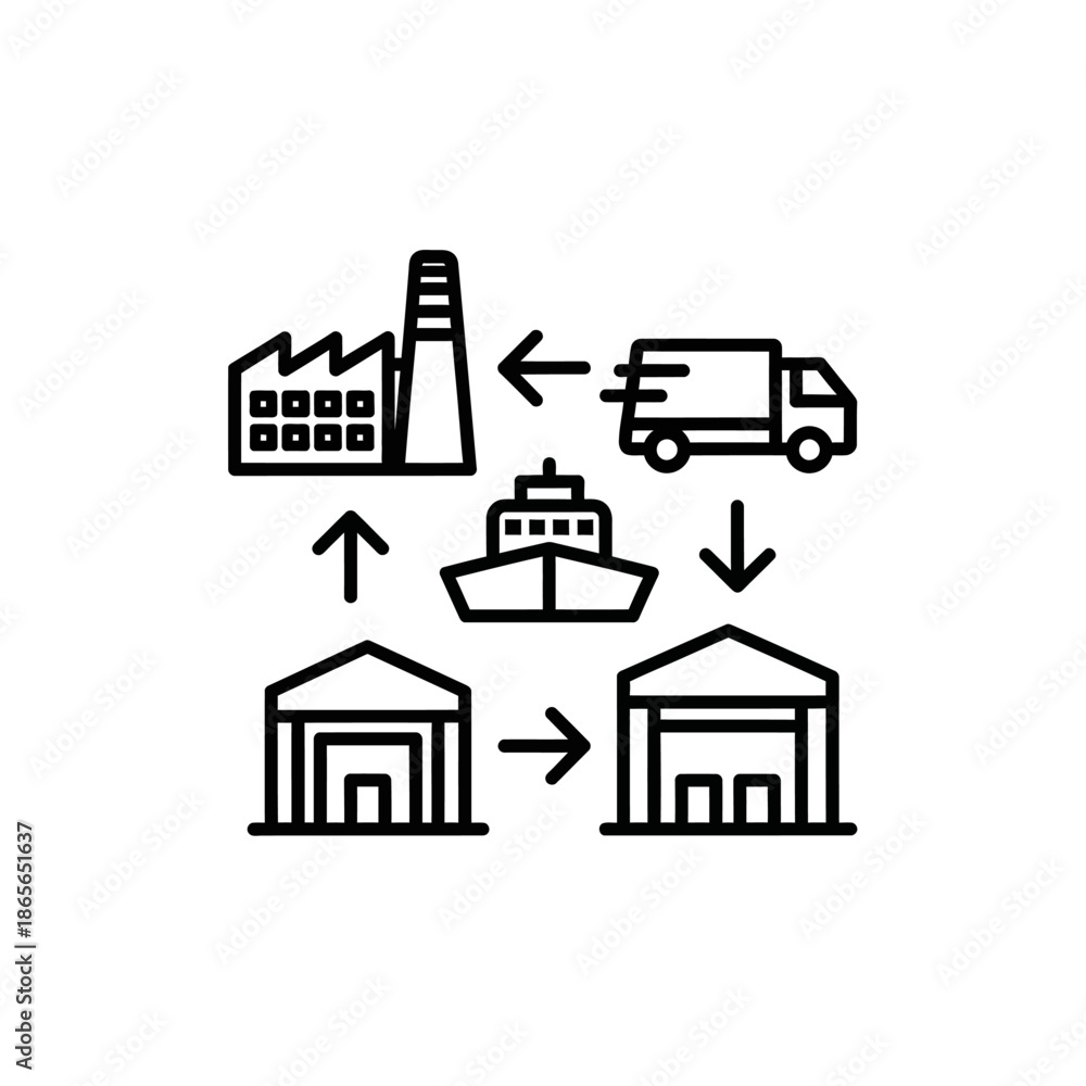 Naklejka premium Industrial Supply Chain Workflow Illustration with Factory Shipments and Warehouses