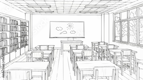 Empty Classroom With Desks And Bookshelves Sketch.