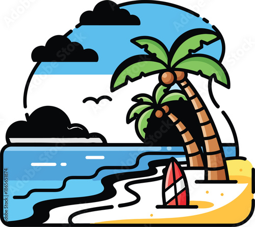 Beach scene cartoon. Includes palm trees, surfboard, clouds, sea, and sand