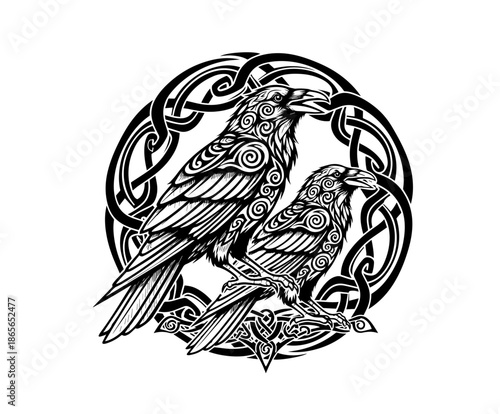 Intricate black and white vector illustration of two stylized ravens with Celtic knotwork details, framed by a circular Norse ornament, perfect for tribal tattoo designs or mythology symbols