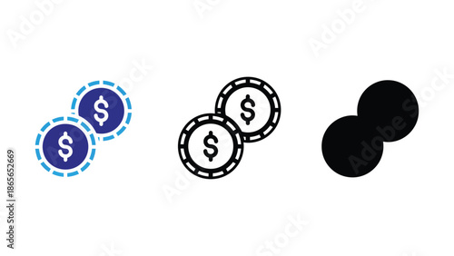 Three stylized icons representing money and currency, with a dollar sign.