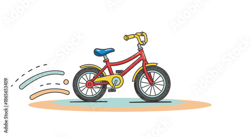 A vibrant red children's bicycle, with blue seat and yellow accents, is dynamically illustrated in swift motion, conveying playful speed and active outdoor fun.