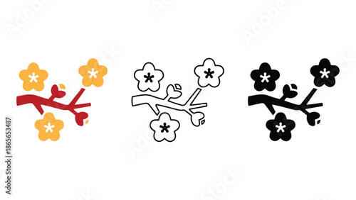 Delicate cherry blossom branches in three artistic styles: color, outline, and silhouette.