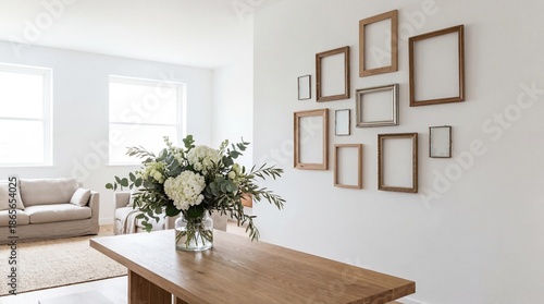 Contemporary Living Room Interior With Framed Artwork And Elegant Floral Arrangement