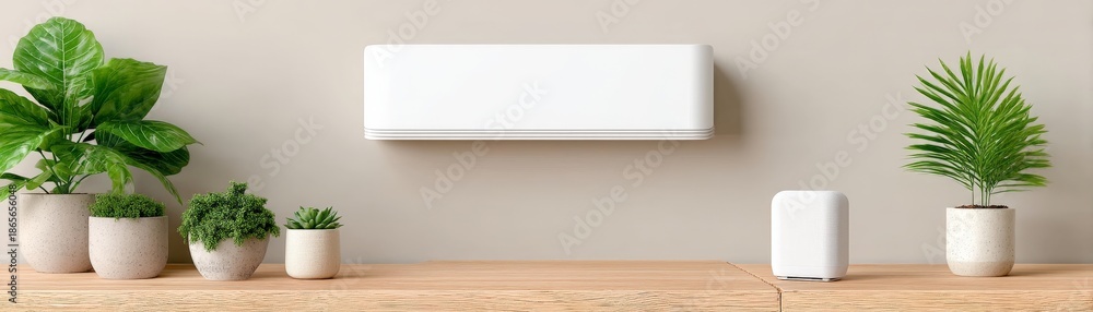 Fototapeta premium Toxic Chemicals in the Home Environment Modern indoor plants arranged on a wooden shelf with a sleek air purifier against a neutral wall, emphasizing a clean and fresh atmosphere.