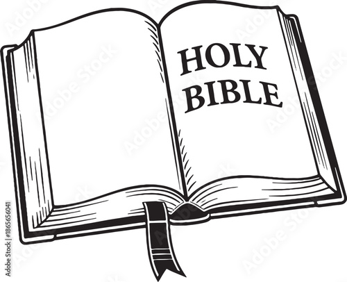 Open Holy Bible Line Art Illustration, Christian Religious Book eps