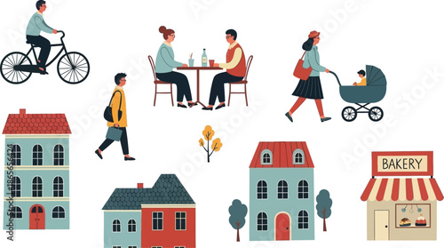 Vibrant flat vector illustration depicting diverse people engaged in everyday urban activities, alongside charming city buildings and a local bakery.