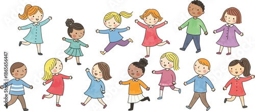 Diverse group of happy children playing together, running, walking, and jumping with joyful expressions, celebrating childhood and friendship.