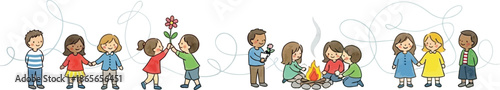 Diverse group of happy children playing together, sharing flowers, and enjoying a cozy campfire. Illustrating friendship, community, and joyful childhood moments.