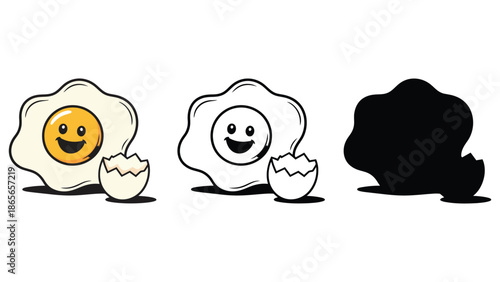 Happy fried egg illustration with a cracked shell and silhouette