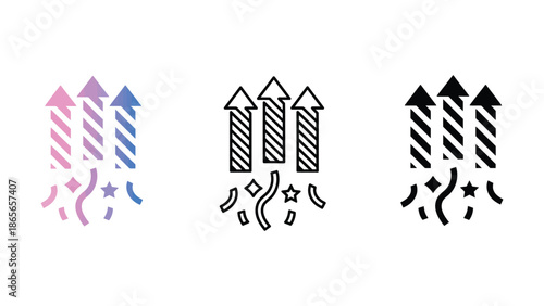 Celebratory fireworks rockets launching with confetti and stars, symbolizing party and festivity.