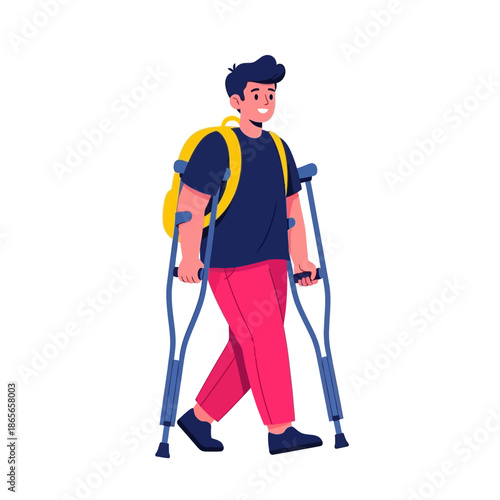 Young man with backpack walking on crutches, graphic illustration, mobility assistance