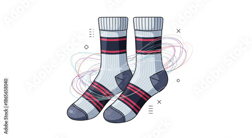Stylish pair of crew socks featuring navy blue and red stripes surrounded by colorful swirl patterns on a white background.