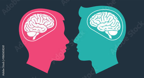 Silhouette icons of a male and female head in pink and teal colors with visible brain illustrations representing psychology and mind.