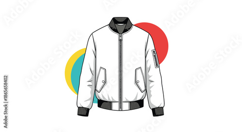 Stylish white bomber jacket with black ribbing on collar and cuffs against colorful circular background shapes representing fashion.