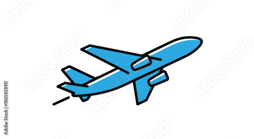 Simple blue commercial airplane icon flying upwards on a white background representing air travel and global transportation.