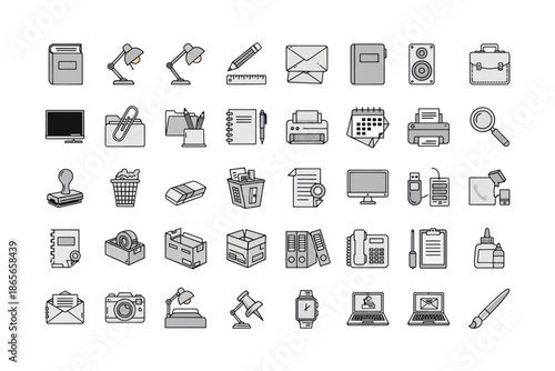 Set of Office Stationery and Workspace Equipment Line Art Icons Vector.