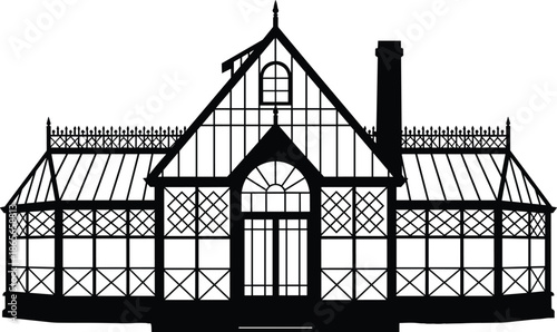 Victorian greenhouse silhouette, botanical conservatory design, black and white architecture, ornamental structure, lattice windows, chimney detail, minimal style, symmetry