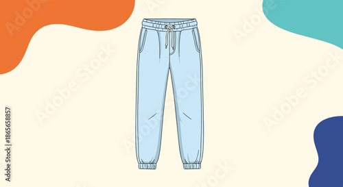 Light blue comfortable sweatpants or joggers with a drawstring waist against a pastel background with abstract shapes.
