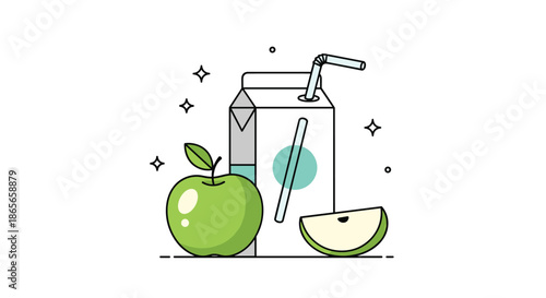 Healthy snack illustration featuring a green apple with a slice and a carton of apple juice with a blue straw and stars.