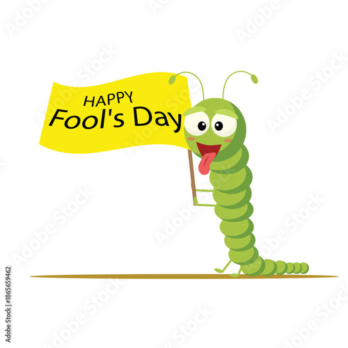 Funny caterpillar holding flag, April Fool’s Day cartoon illustration