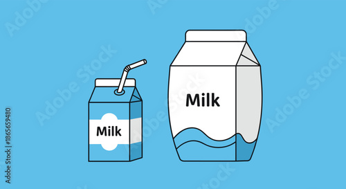Small and large milk cartons are depicted on a bright blue background to represent dairy products and healthy nutrition.
