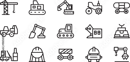 Set of industrial construction and heavy machinery icons outline vector design elements for engineering web and app development projects