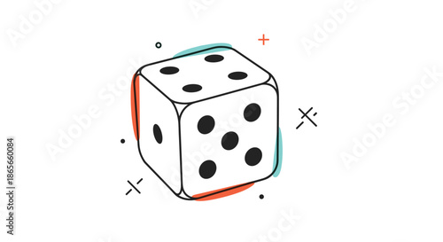 Single white dice with black dots is illustrated with colorful abstract accent lines to represent gaming and chance.