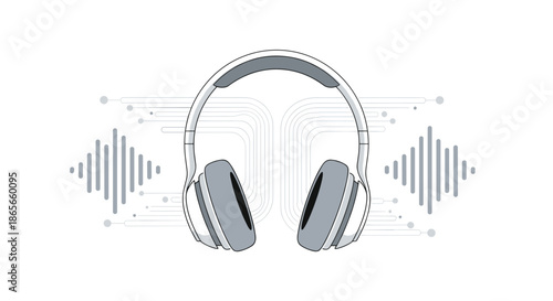Modern gray and white headphones are featured with digital sound wave patterns and circuit lines for audio technology.
