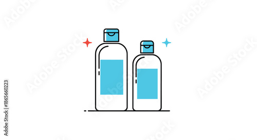 Large and small white plastic bottles for shampoo or lotion are shown with clean blue labels and sparkling stars.