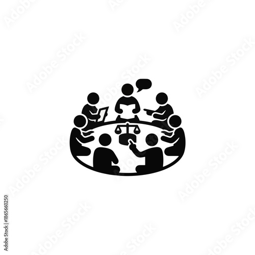 Community dialogue and justice silhouette icon. Group meeting around table with scales symbol. Black vector pictogram