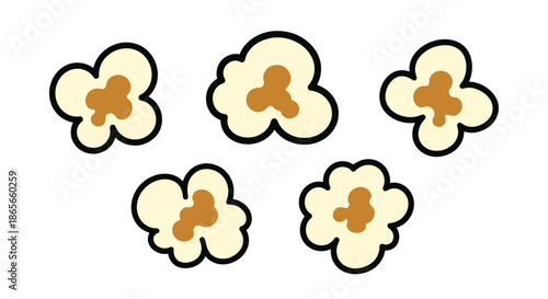 Group of five fluffy pieces of popcorn is illustrated with buttery yellow centers for snack and movie themes.