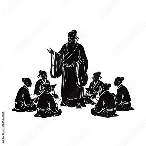 Black silhouette of Confucius teaching students. Ancient Chinese philosophy and education concept. Traditional vector illustration