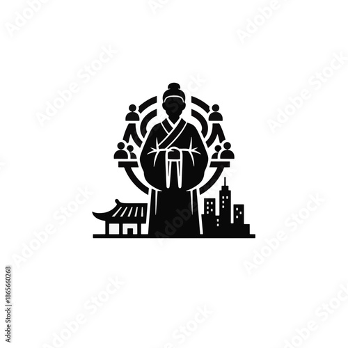 Confucianism and modern society concept icon. Traditional scholar silhouette with city and temple. Ethical living and cultural heritage vector symbol