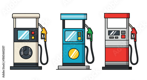 Set of colorful gas pump icons including beige, blue, and red stations isolated on a white background for energy and transportation concepts.