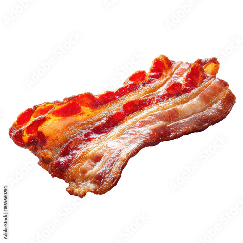 Crispy cooked bacon strip with red fat and white meat on black background food pork, Png Isolated On White, Transparent Background